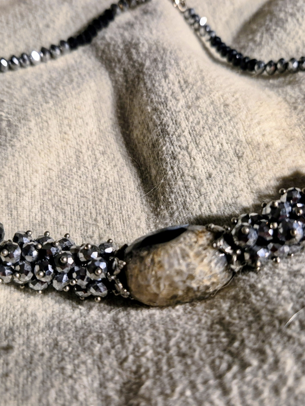 Silver-Tone Beaded Necklace with Beige Stone Center